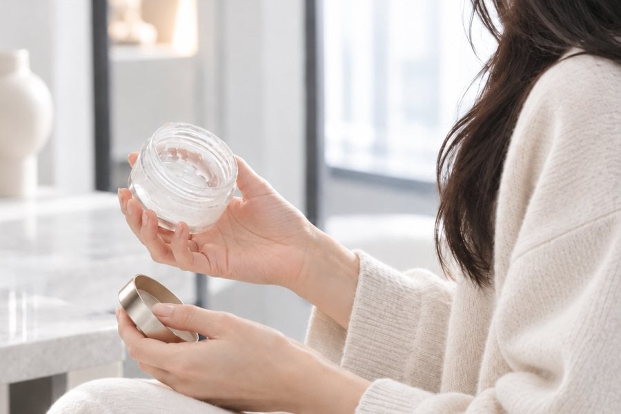 A person opening a skincare cream jar at home