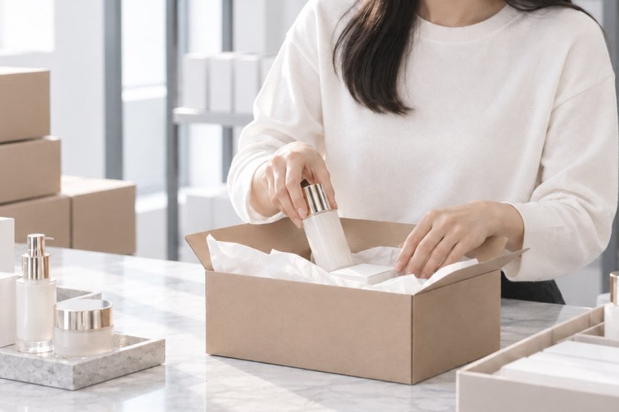 A person neatly packing beauty products into a box