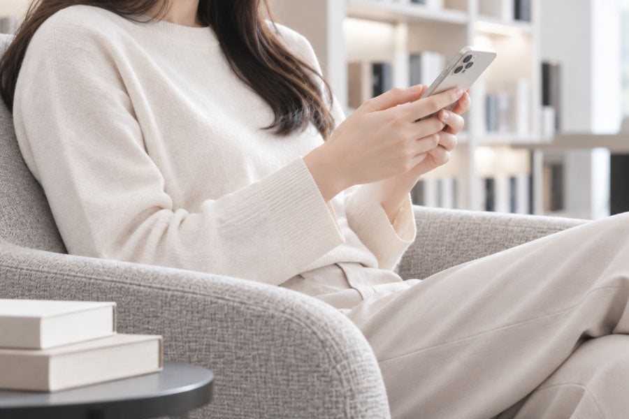 A person browsing a phone while seated on a sofa