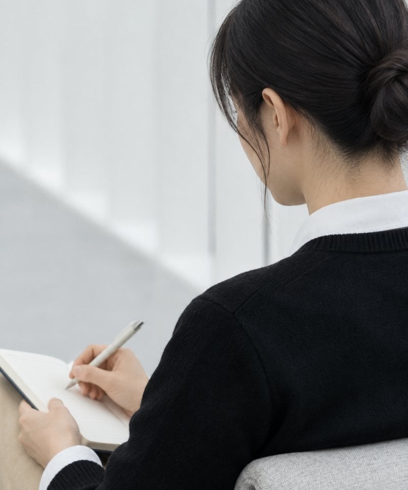 Person writing notes about their experience using a beauty product