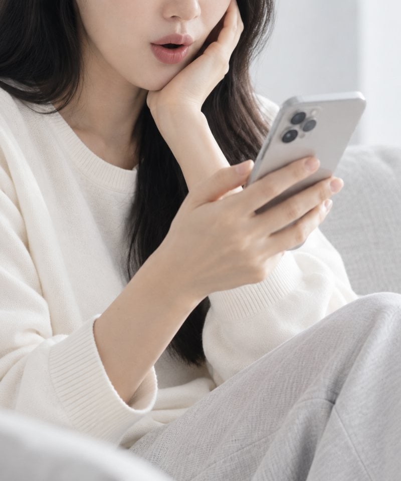 Person sitting on a sofa and browsing beauty product reviews on their phone