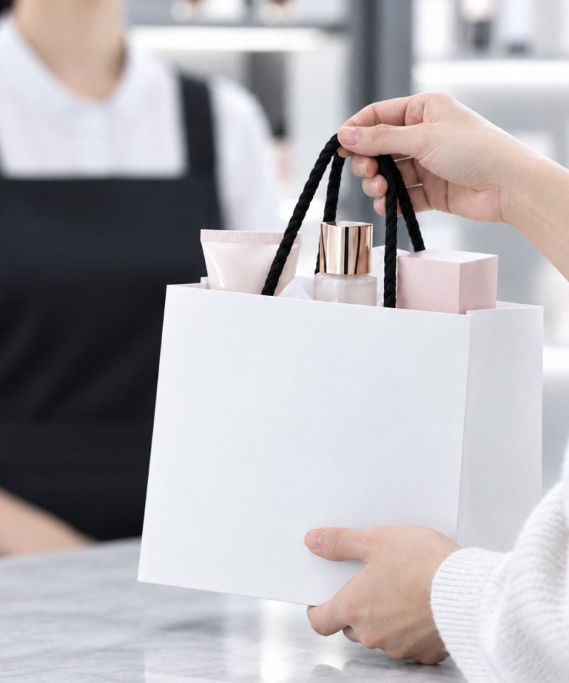 Person receiving a shopping bag containing beauty products at a store